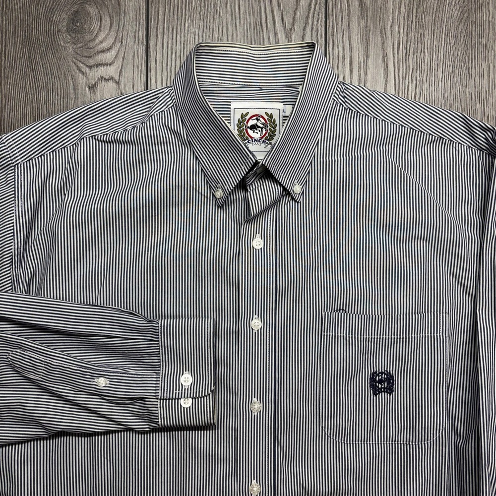 Cinch Mens Large Navy White Striped Cotton Button Down Western Shirt Long Sleeve